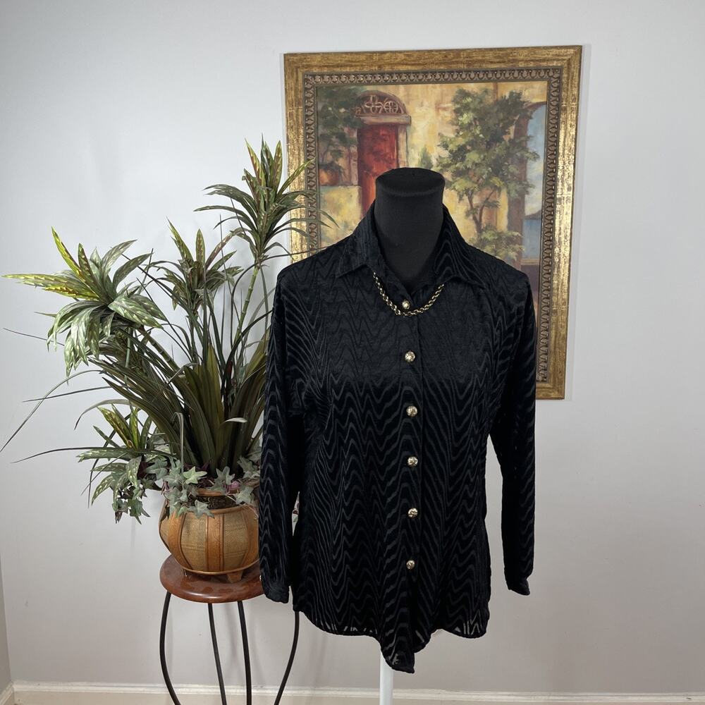 Caribou New York Black Velvet Burnout Blouse Women XL Button Front‎ Top Medium